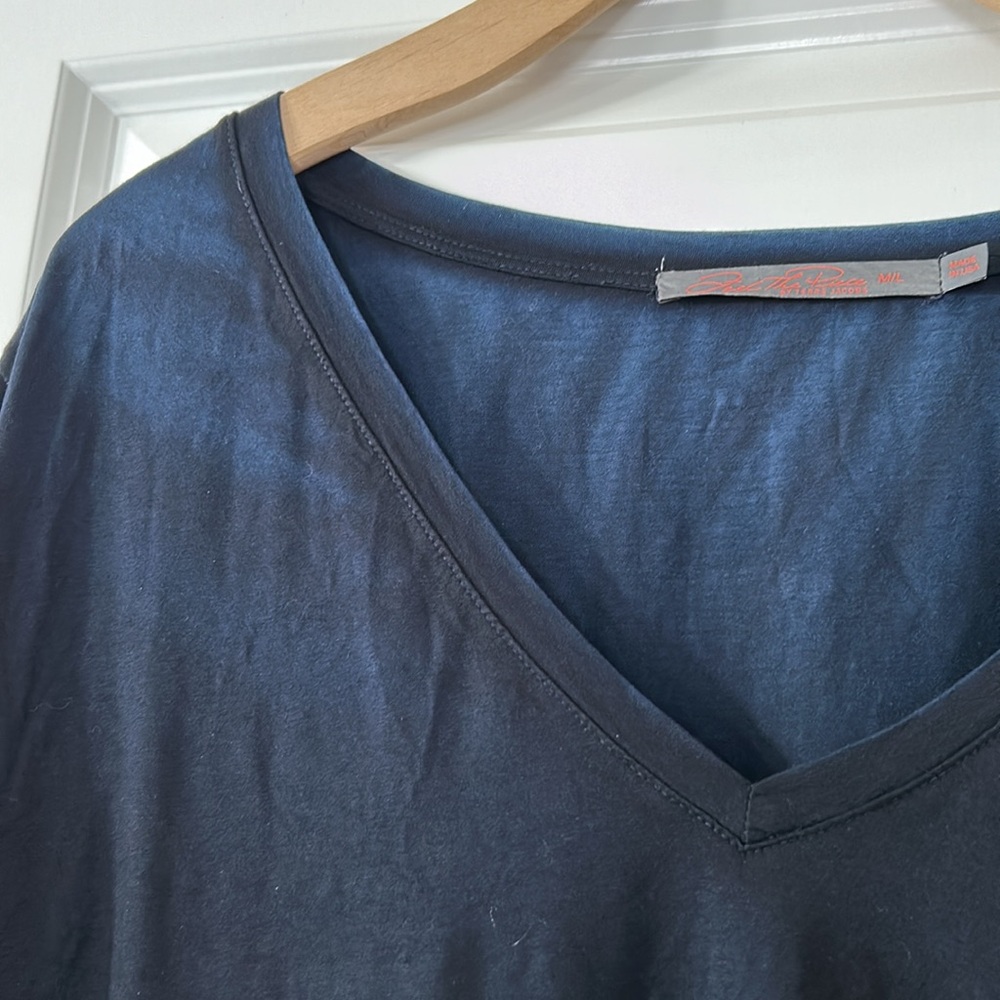 Feel the Piece Indigo Garment Dyed Blue Deep V-Neck Tee Shirt SOFT Rayon Medium